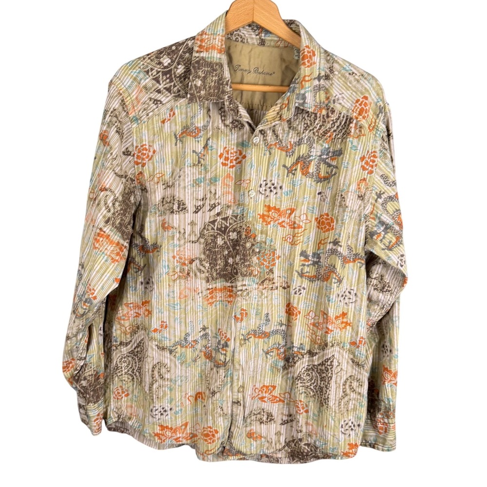 Tommy Bahama Mens Large Silk Cotton Dragon Floral Print Button Down Shirt Olive